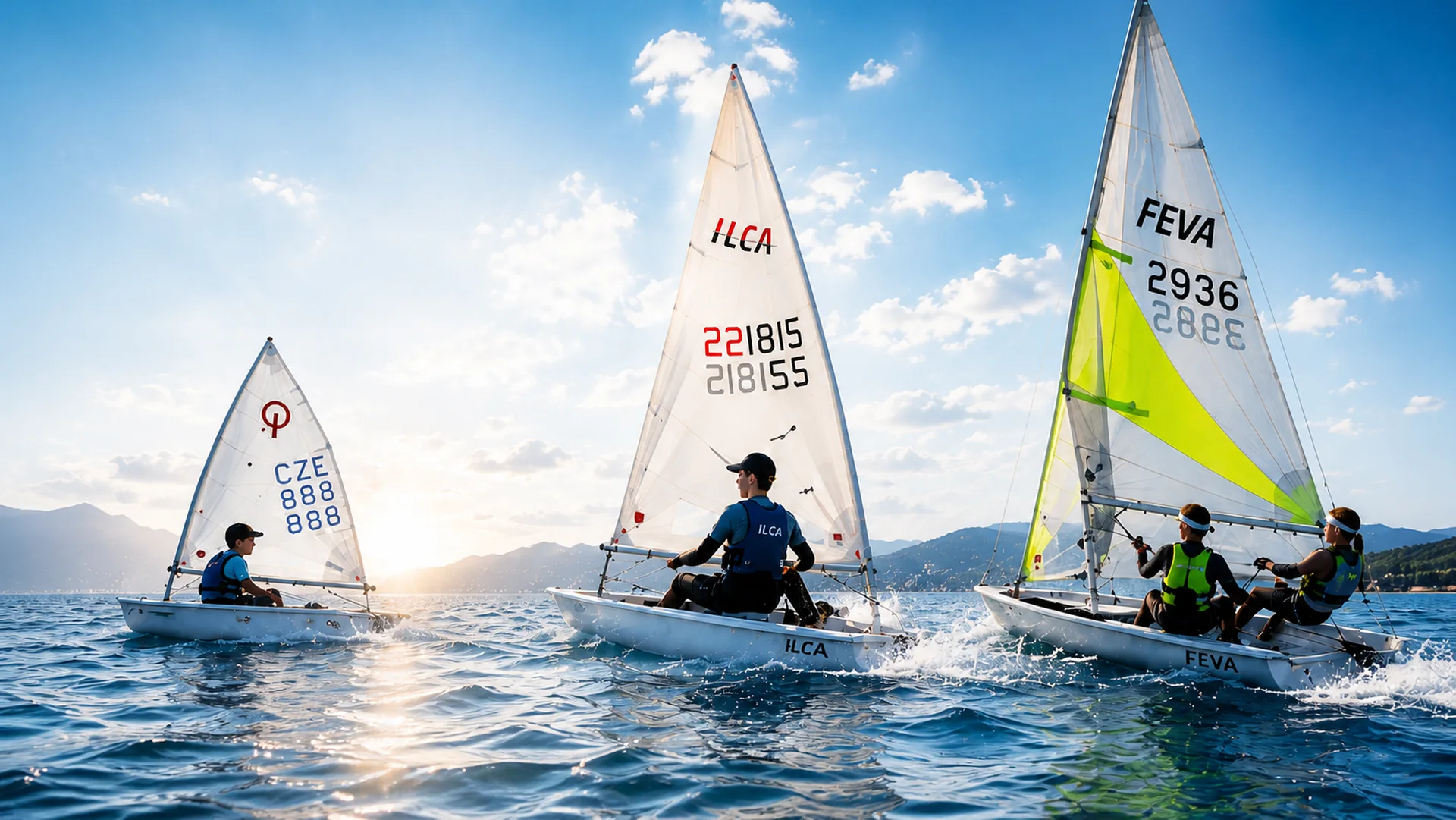 Optimist CZE 888, ILCA 221815 a RS Feva 2936 v ostrém větru na jezeře.